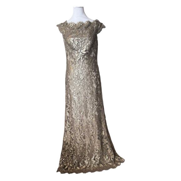 Tadashi Shoji Size 6 Paillette Embroidered Lace Gown Off Shoulder Champagne - Picture 8 of 14